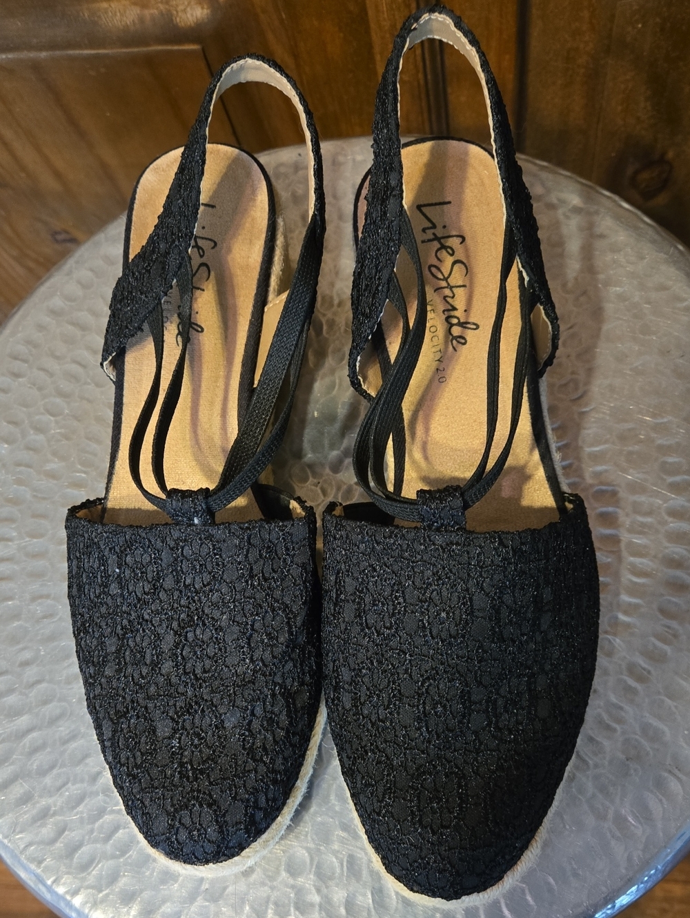 Life Stride Black Lace/Crochet Slingback Espadrilles